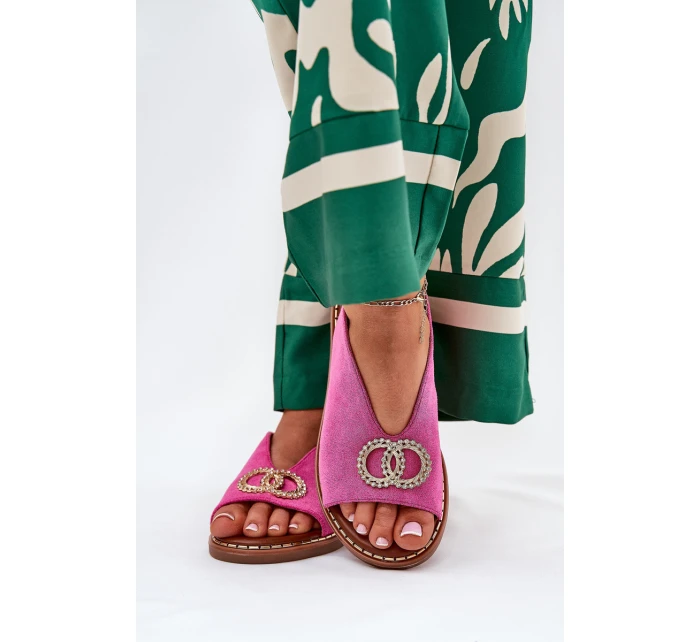 Sandały Damskie Z Ozdobą Na Płaskim Obcasie Eko Zamszowe Różowe Ralisses