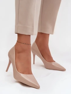 Lakierowane Eko Skórzane Szpilki Damskie Ze Szpiczastymi Noskami Beżowe Jadira