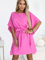 287-42 SOFIA Ružové šaty s motýľom a viazaním v páse - svetlá fuchsiová