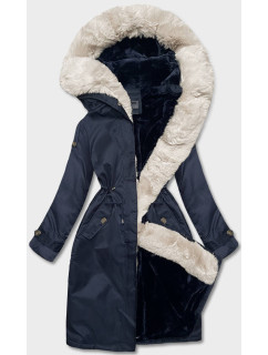 Tmavomodrá dámska zimná bunda s kožušinovou podšívkou (B538-3046)