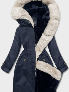 Tmavomodrá dámska zimná bunda s kožušinovou podšívkou (B538-3046)