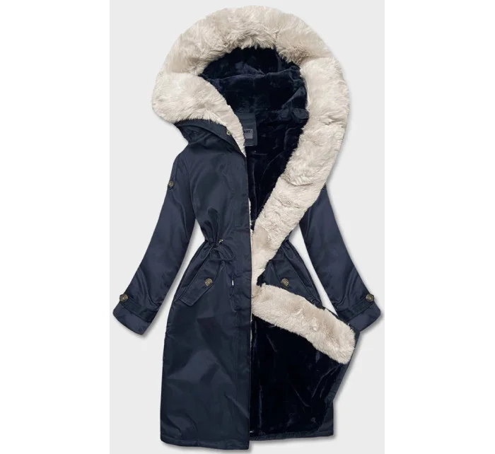 Tmavomodrá dámska zimná bunda s machovou kožušinovou podšívkou (B538-3046)