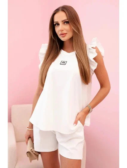 Dámsky set s volánom - blúzka s krátkym rukávom a šortky s gumičkou ecru