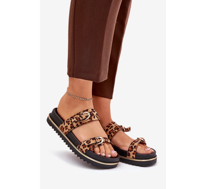 Klapki Damskie w Panterkę Na Platformie Z Paskami I Klamrami Brązowe Ziferte Klapki Damskie w Panterkę Na Platformie Z Paskami I Klamrami Brązowe Ziferte