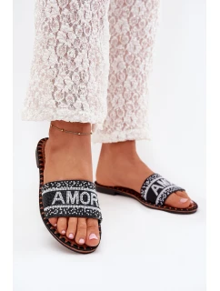 Klapki Damskie Na Płaskim Obcasie Ze Zdobieniem Amore Czarne Avelina