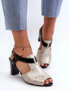 Sandały Damskie Na Słupku Z Eko Skóry Złoto-Czarne Queenmarie