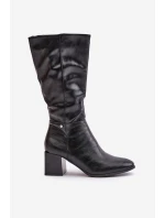 Ocieplnae Kozaki Na Słupku Eko Skórzane Do Połowy Łydki Czarne Ellithira