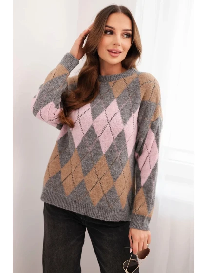 Dámský svetr s model 21774797 vzorem a kulatým výstřihem šedý - K-Fashion