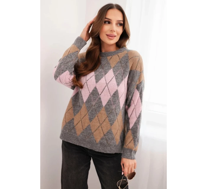 Dámský svetr s model 21774797 vzorem a kulatým výstřihem šedý - K-Fashion