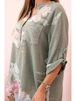 Dámska bavlnená blúzka s kvetinovým vzorom a gombíkmi v khaki farbe