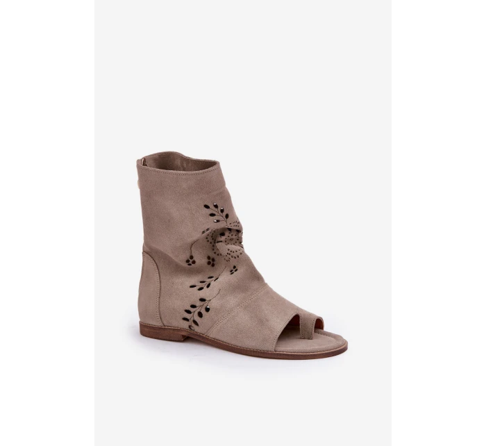 Zazoo 3437 Damskie Zamszowe Sandały Z Cholewką Na Zamek Beżowe