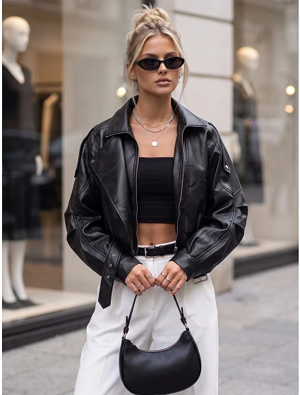 Krátka čierna kožená bunda v štýle Ramones od FashionStreet TY5844