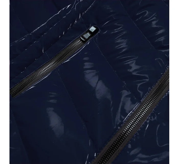 Tmavomodrá lesklá dámska bunda s ozdobnou podšívkou (xw810x) Tmavomodrá lesklá dámska bunda s ozdobnou podšívkou (xw810x)