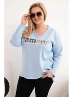 Dámská mikina Plus Size s nápisem a výstřihem do V modrá Dámská mikina Plus Size s nápisem a výstřihem do V modrá