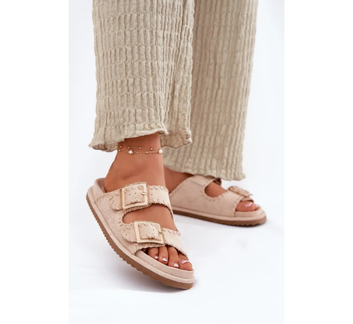 Klapki Damskie Z Klamrami I Ozdobnym Obszyciem Beżowe Visley Klapki Damskie Z Klamrami I Ozdobnym Obszyciem Beżowe Visley