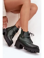 Skórzane Botki Damskie Na Klocku Z Ozdobnym Paskiem Ocieplane Zazoo 60557 Ciemnozielone