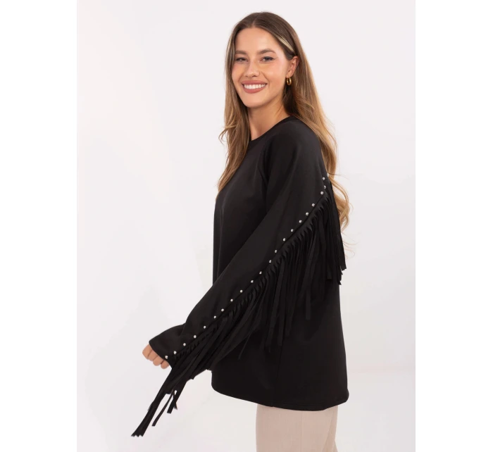 Čierna voľná dámska mikina so strapcami (21695)