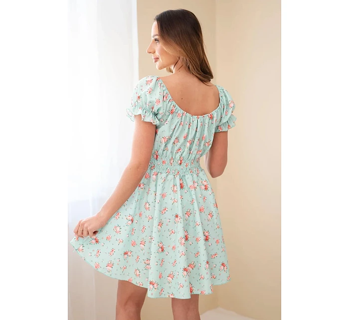 Dámske šaty s kvetinovým vzorom, volánovými rukávmi a elastickým pásom mäta