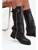 Dámské kozačky s límcem sponou a stříbrným zipem vyhřívané černé model 21711800 - Boto