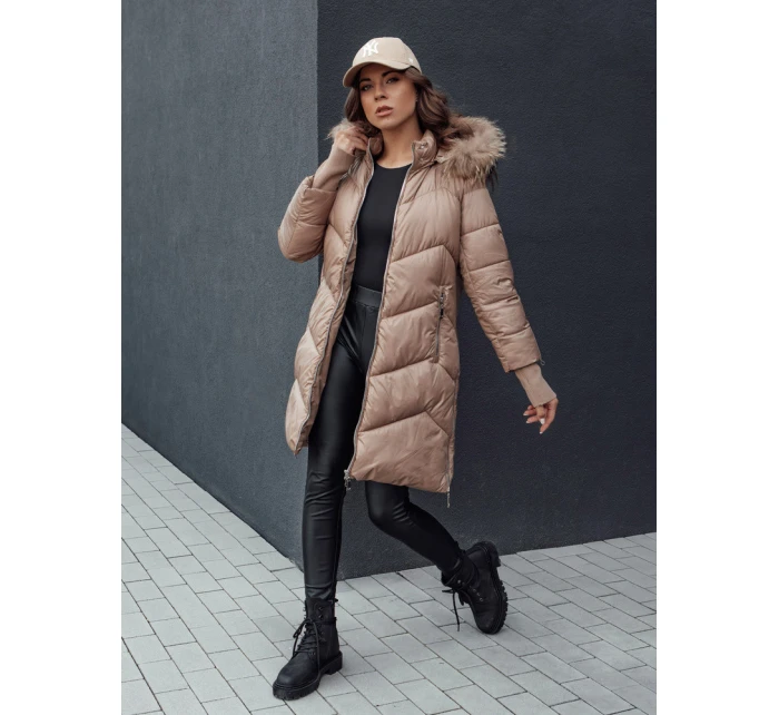 Dámská prošívaná zimní bunda z umělé kožešiny s kapucí camel Dstreet model 21979752 - FashionStreet