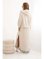 Dámsky viskózový set s otvorenou mikinou a dlhou sukňou béžovej farby