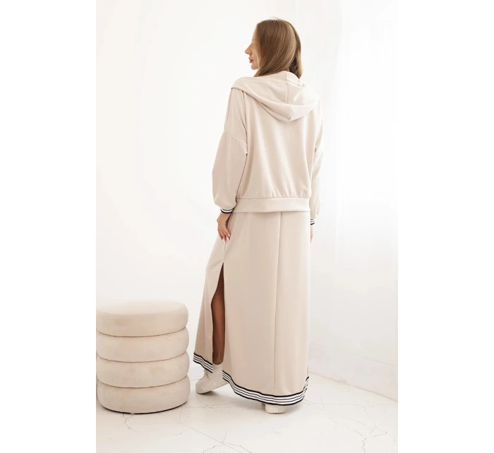 Dámsky viskózový set s otvorenou mikinou a dlhou sukňou béžovej farby