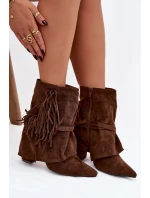 Dámské kotníkové boty na podpatku s třásněmi a zlatými sponami hnědé Evelisse Botki Damskie Dámské kotníkové boty na podpatku s třásněmi a zlatými sponami hnědé Evelisse Botki Damskie