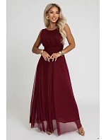 dlouhé maxi šaty s tylem a kulatým výstřihem – vínová model 22278796 - numoco basic