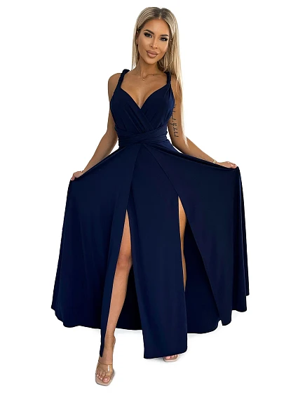 Tmavě modré elegantní dlouhé dámské šaty s  vázání model 22302465 - numoco