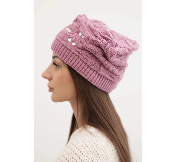 Dámska zimná pletená čiapka s ozdobnými kryštálmi K399 fialová