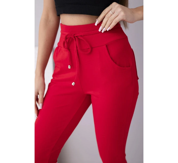 Dámské teplákové kalhoty s vysokým pasem a šňůrkou červené