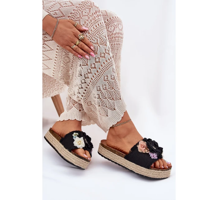 Klapki Damskie Z Kwiatami Platforma Z Plecionką Czarne Zenvanis Klapki Damskie Z Kwiatami Platforma Z Plecionką Czarne Zenvanis