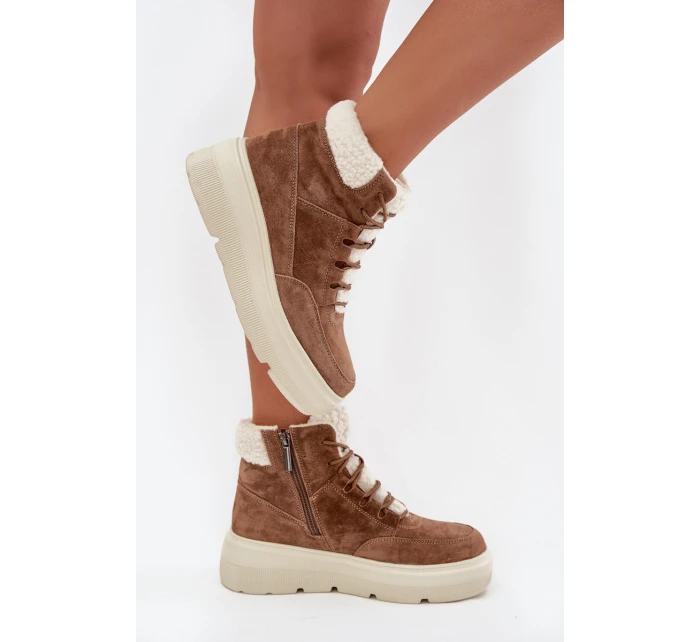 Zamszowe Śniegowce Damskie Z Kożuszkiem Na Platformie Vinceza 95354 Camel