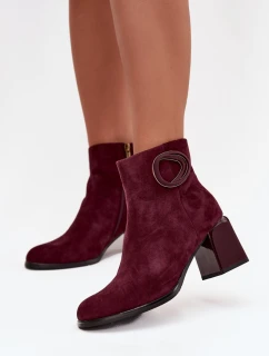 Zamszowe Botki Na Słupku Ocieplane Z Ozdobnym Detalem Artiker 57C0016 Bordowe