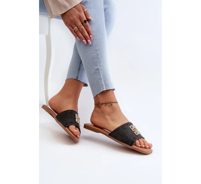 Dámske ploché papuče s opletom a ozdobou, čierne Omenna Dámske ploché papuče s opletom a ozdobou, čierne Omenna