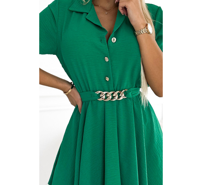Zelené dámske košeľové šaty s gombíkmi a zlatým opaskom 461-2