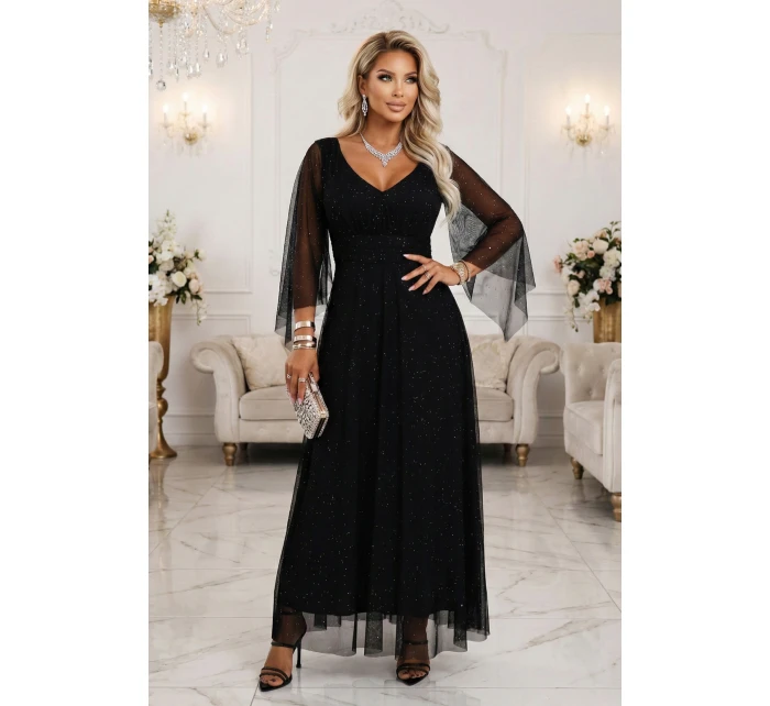 Dlouhé lehké třpytivé šaty s výstřihem a rukávy černé model 21802210 - numoco basic Dlouhé lehké třpytivé šaty s výstřihem a rukávy černé model 21802210 - numoco basic