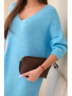 Dámske plus size pletené šaty s výstrihom do V modré