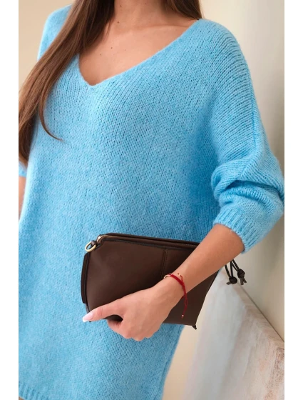 Dámske plus size pletené šaty s výstrihom do V modré