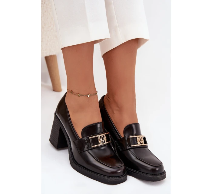 Półbuty Damskie Na Słupku Ze Złotym Detalem Czekoladowe Privelle Półbuty Damskie Na Słupku Ze Złotym Detalem Czekoladowe Privelle