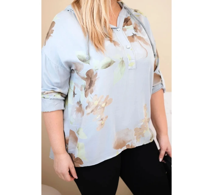 Dámská blůza Plus Size z viskózy s kapucí a květinovým vzorem šedá