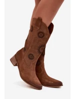 Ażurowe Kozaki Damskie Z Naturalnego Zamszu Na Klocku Zazoo 3793 Brązowe