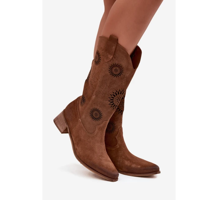 Ażurowe Kozaki Damskie Z Naturalnego Zamszu Na Klocku Zazoo 3793 Brązowe