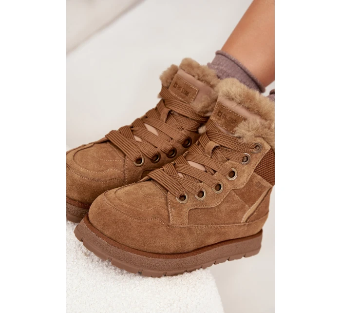 Zamszowe Śniegowce Trapery Damskie Na Platformie Z Futerkiem Big Star SS274370 Camel