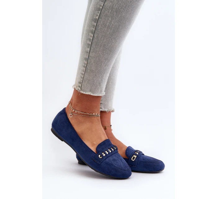 Błyszczące Mokasyny Damskie Z Łańcuchem Granatowe Aredilla