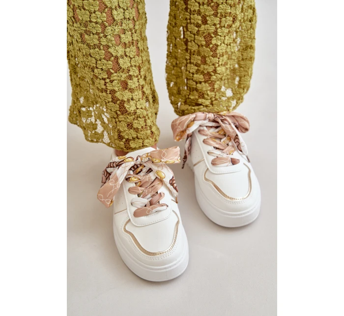 Sneakersy Damskie Na Platformie Z Ozdobnym Sznurowaniem Białe Mistra