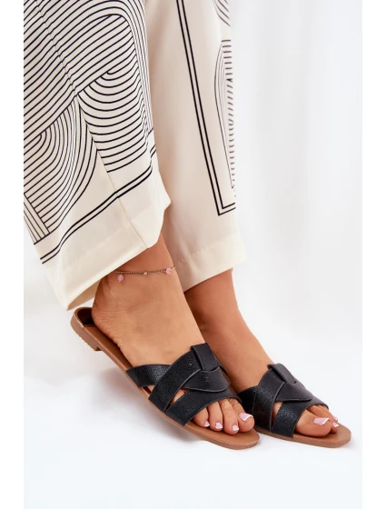 Płaskie Klapki Damskie Z Przeplatającymi Się Paskami Czarne Selaenor Płaskie Klapki Damskie Z Przeplatającymi Się Paskami Czarne Selaenor