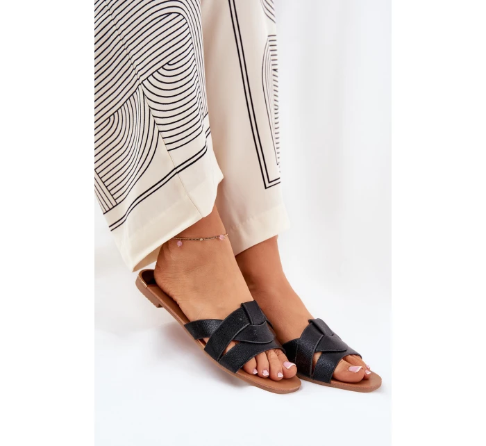 Płaskie Klapki Damskie Z Przeplatającymi Się Paskami Czarne Selaenor Płaskie Klapki Damskie Z Przeplatającymi Się Paskami Czarne Selaenor