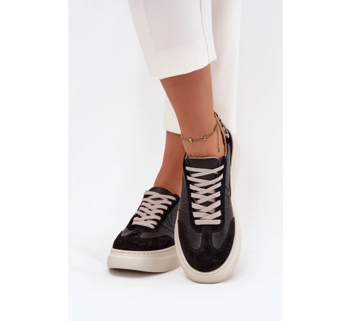 Skórzane Sneakersy Damskie Na Platformie Panterka Zazoo N1263 Czarne
