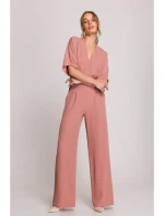 model 20966151 Kombinéza se širokými nohavicemi a zavinovacím výstřihem růžová - STYLOVE
